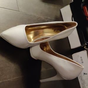 White faux snakeskin heels